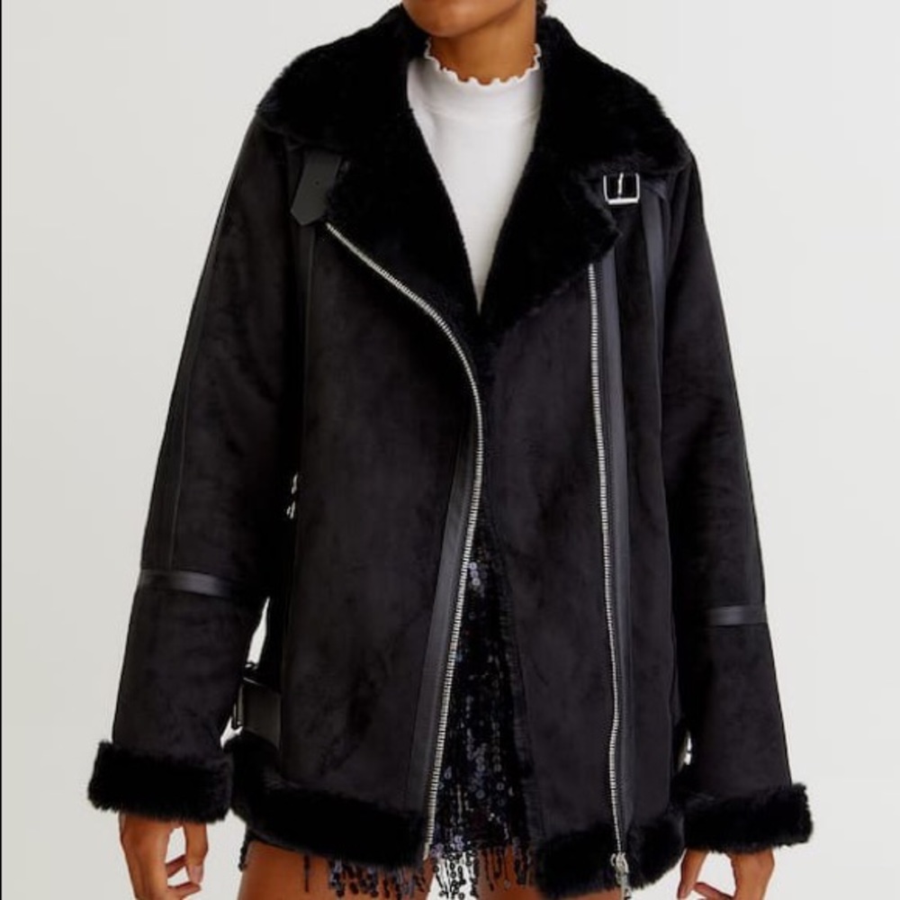 long faux suede jacket with contrasting detail